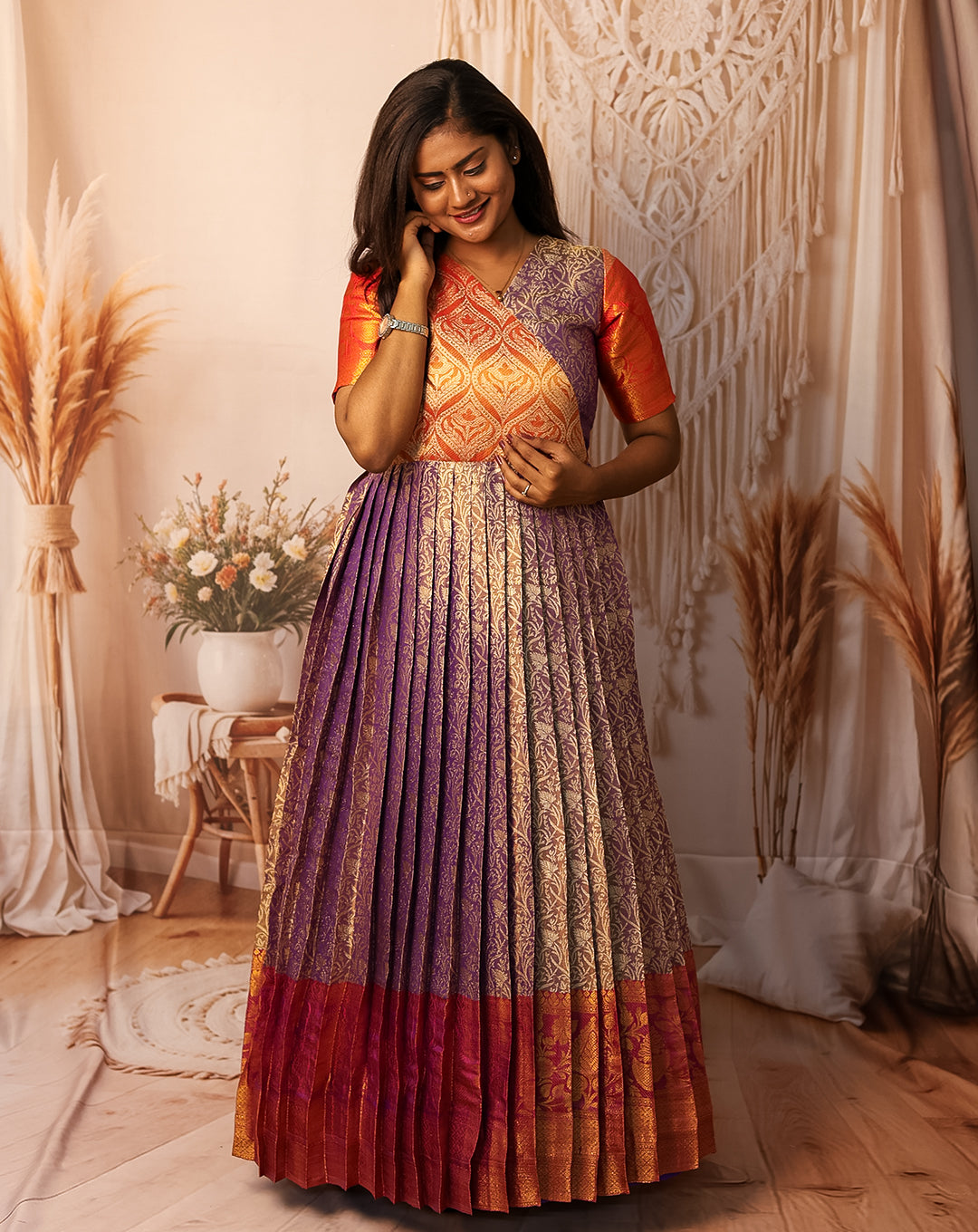 Purple & Orange Silk Pleated Maxi Dress