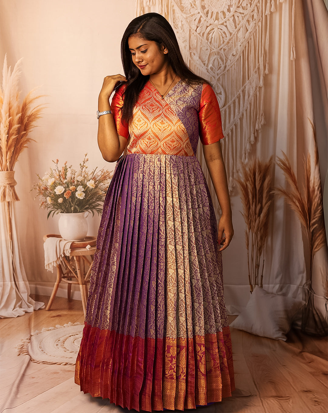Purple & Orange Silk Pleated Maxi Dress