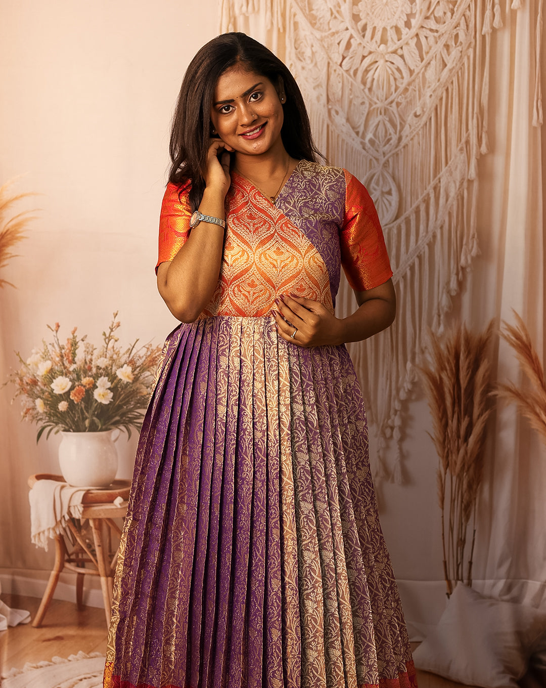 Purple & Orange Silk Pleated Maxi Dress