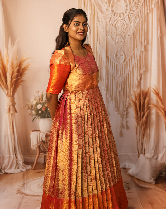 Red & Gold Silk Pleated Maxi Dress