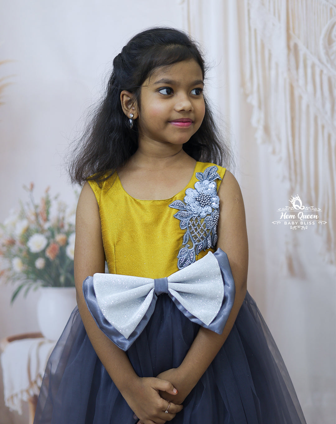 Mustard & Navy Blue Party Wear Gown with Statement Bow β Kids Collection