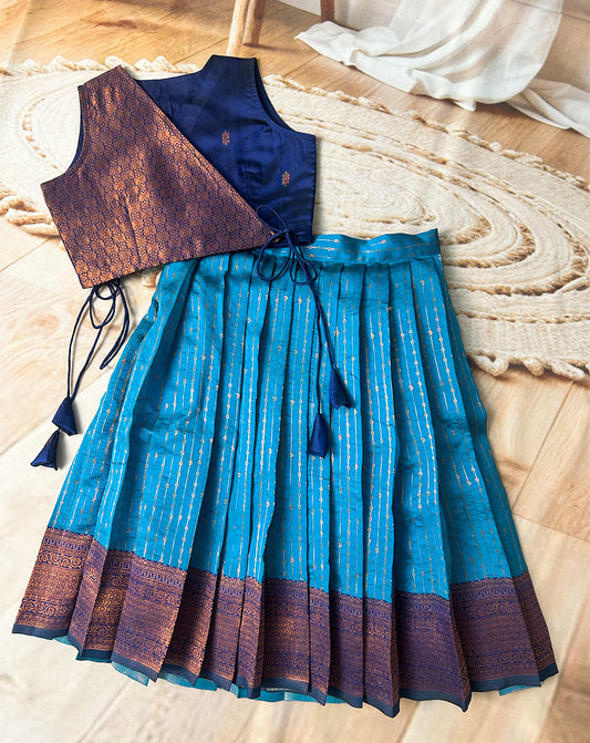 Hemqueen Baby Bliss: Blue & Copper Premium Silk Kids' Pattu Paavadai