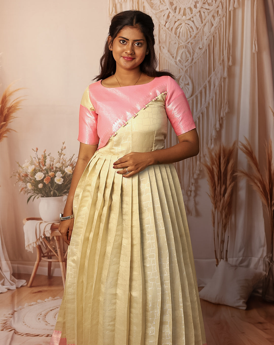 Hemqueen Elegant Silk Pleated Maxi - Pink and Ivory - Festive & Wedding Wear