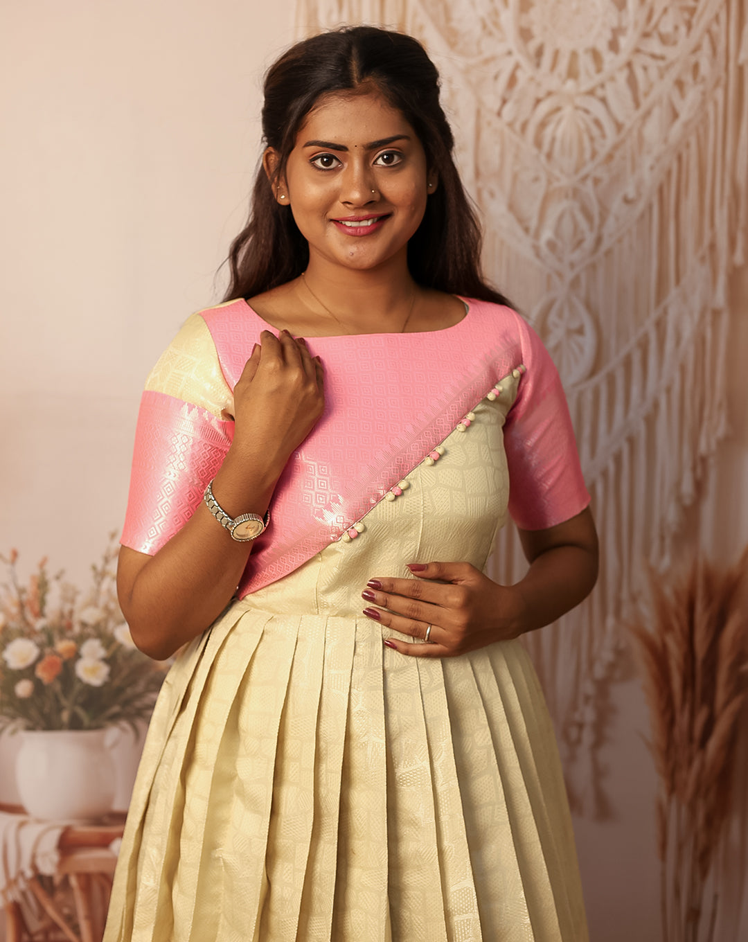 Hemqueen Elegant Silk Pleated Maxi - Pink and Ivory - Festive & Wedding Wear