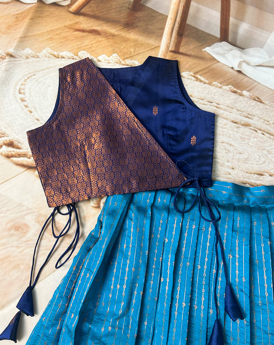 Hemqueen Baby Bliss: Blue & Copper Premium Silk Kids' Pattu Paavadai