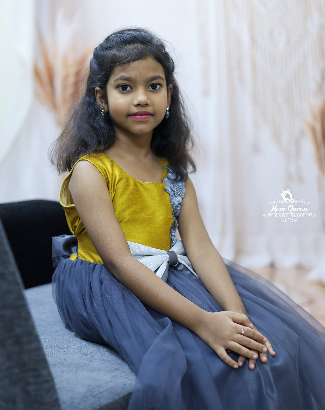 Mustard & Navy Blue Party Wear Gown with Statement Bow β Kids Collection