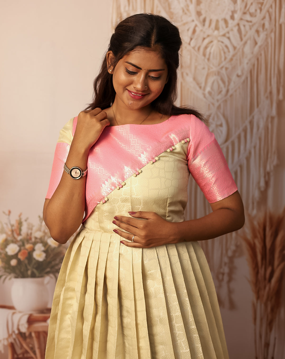Hemqueen Elegant Silk Pleated Maxi - Pink and Ivory - Festive & Wedding Wear