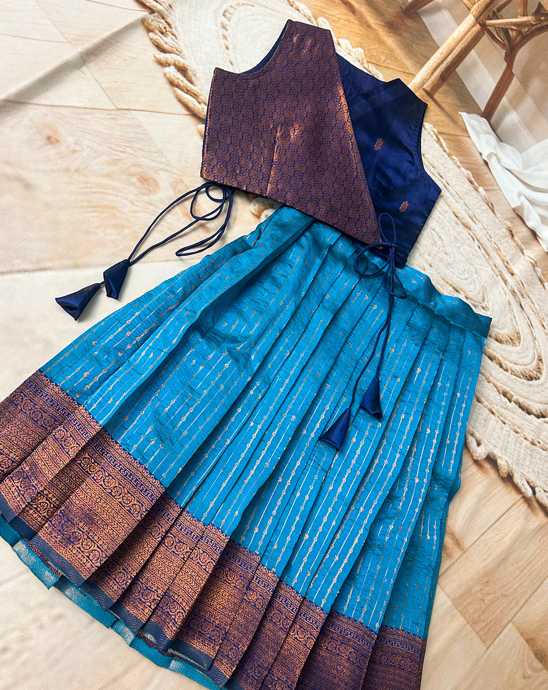 Hemqueen Baby Bliss: Blue & Copper Premium Silk Kids' Pattu Paavadai