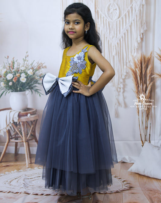 Mustard & Navy Blue Party Wear Gown with Statement Bow – Kids Collection