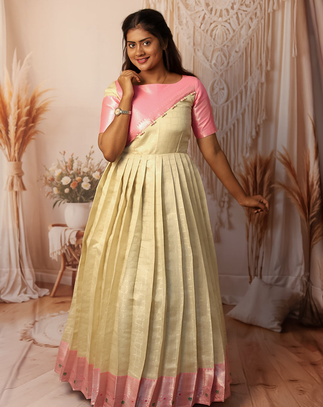 Hemqueen Elegant Silk Pleated Maxi - Pink and Ivory - Festive & Wedding Wear