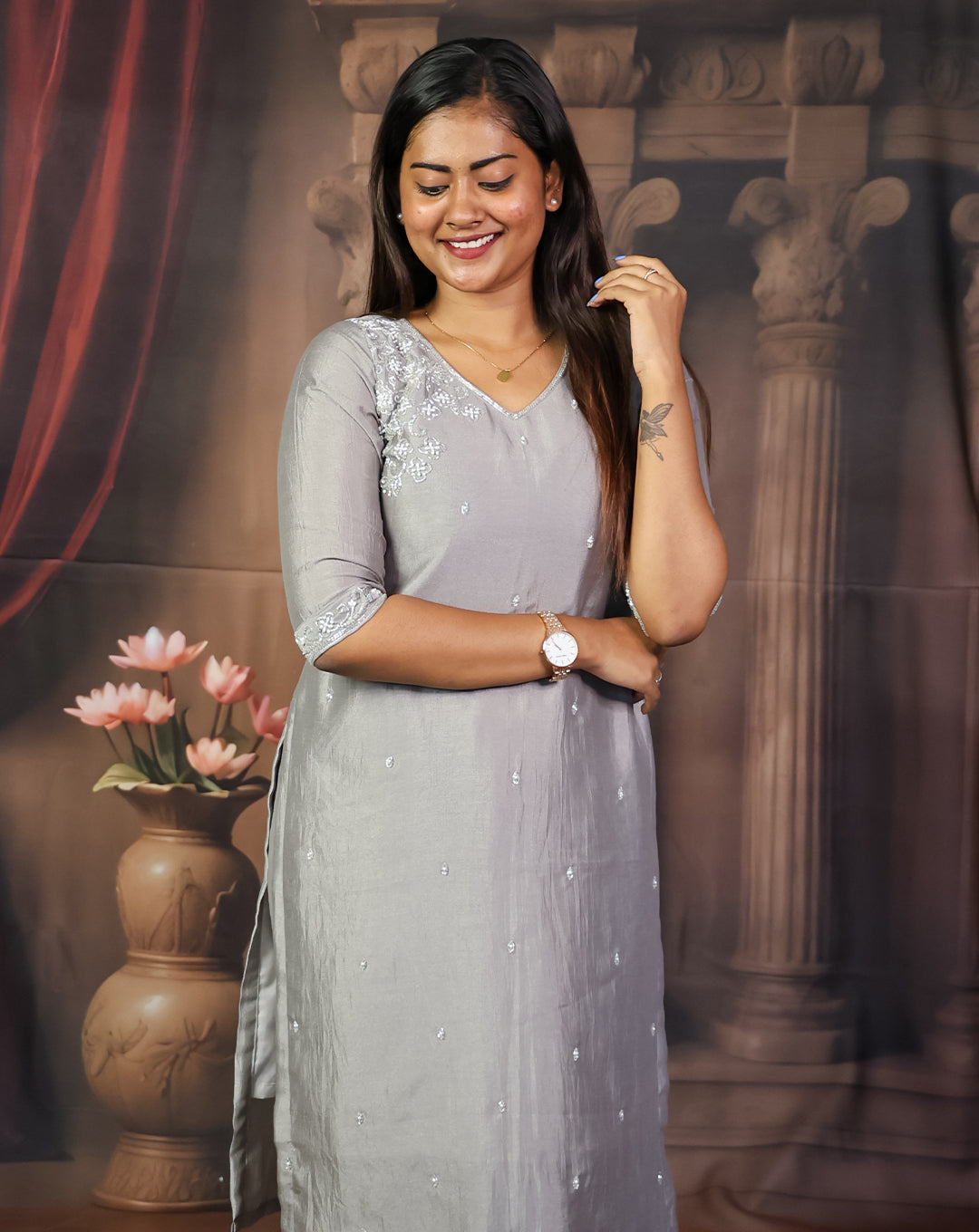 Silver-Grey Embroidered Kurti Set - Timeless Ethnic Elegance