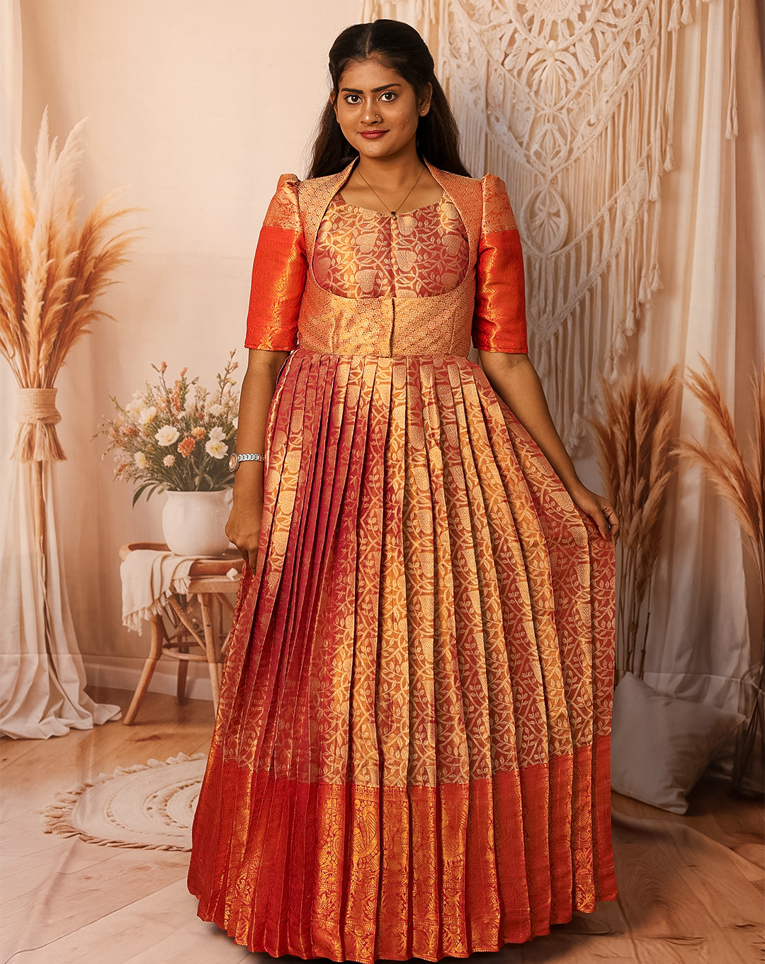 Red & Gold Silk Pleated Maxi Dress