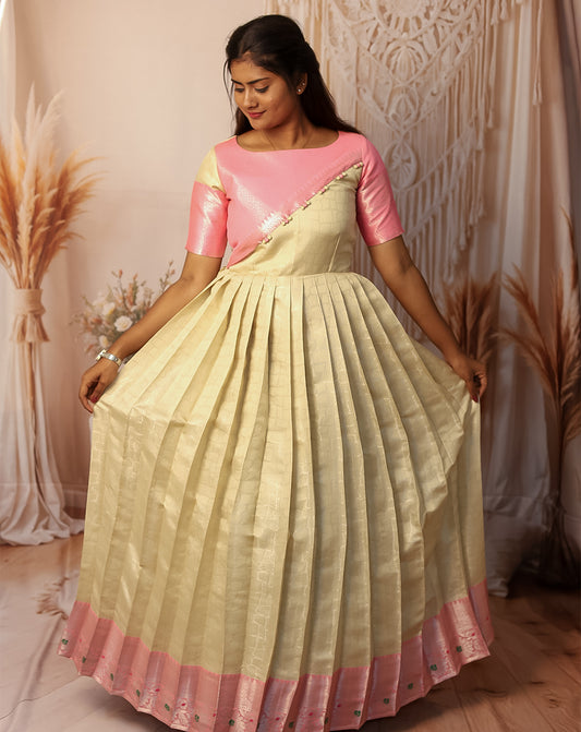 Hemqueen Elegant Silk Pleated Maxi - Pink and Ivory - Festive & Wedding Wear