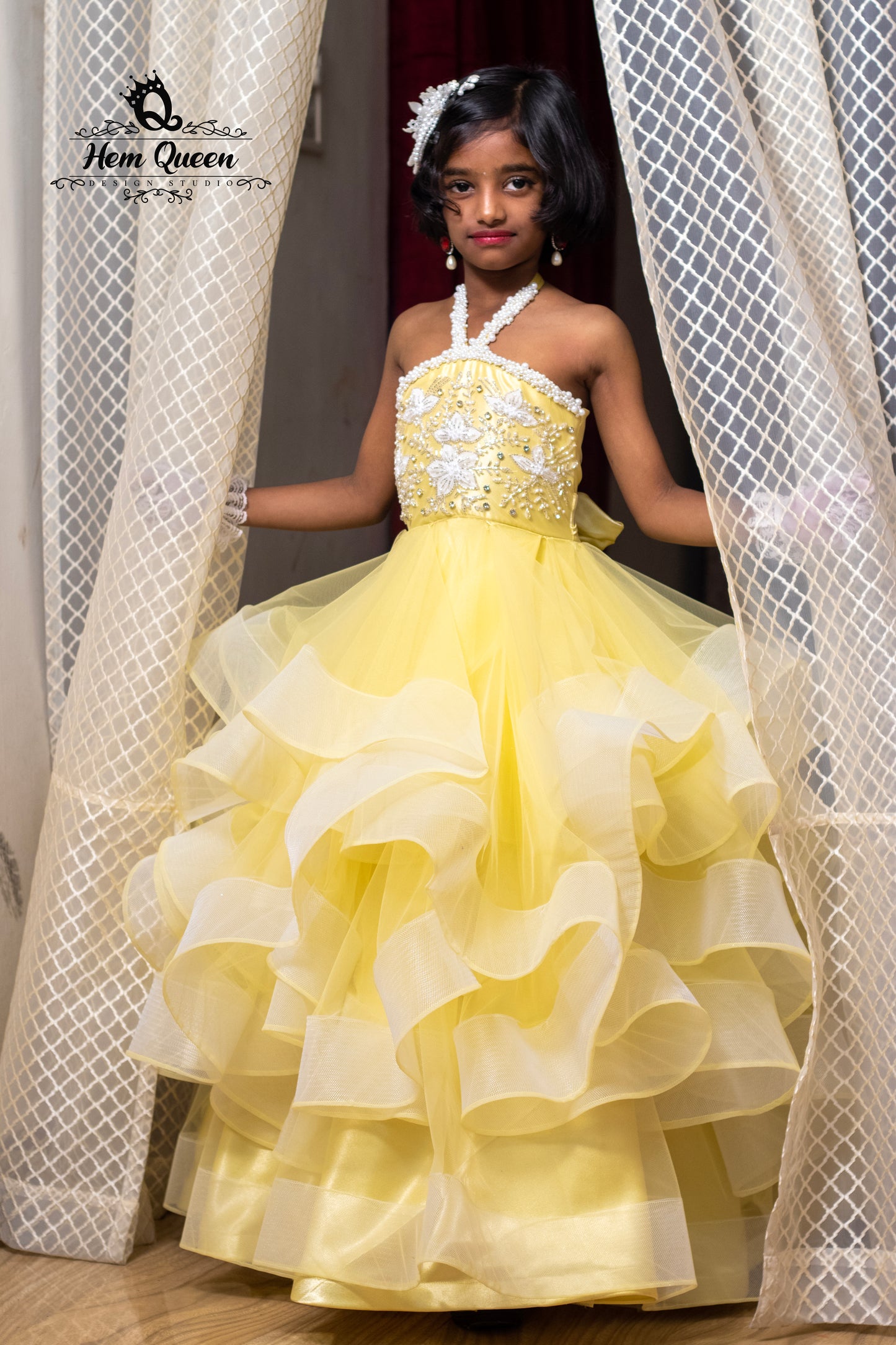 Sunshine Yellow Tulle Ballgown for Girls with Pearls