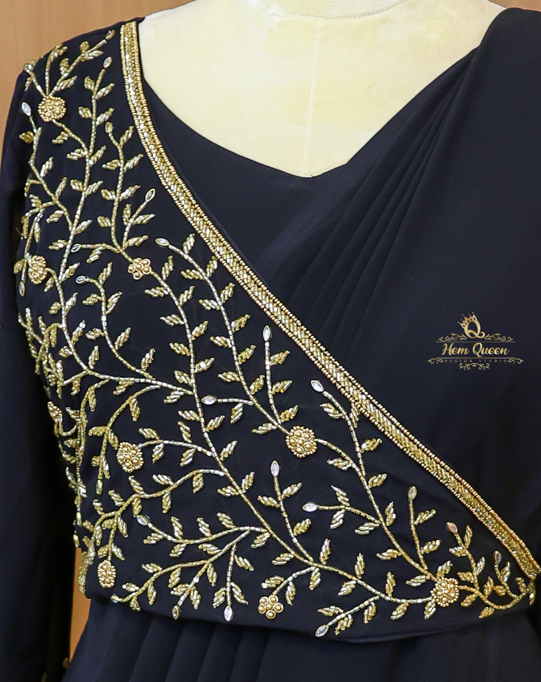 This Overlapping Draped Maxi Dress is a stunning blend of modern elegance and traditional charm. Crafted from rich, flowy fabric, the gown features a unique overlapping drape, full-length sleeves, and delicate gold embroidery that adds a touch of royalty. Perfect for evening parties, festive gatherings, or formal occasions.
Designed for women who want to make a graceful yet bold statement.
Highlights:
Elegant black shade with golden embroidery
Overlapping draped silhouette for a flattering fit
