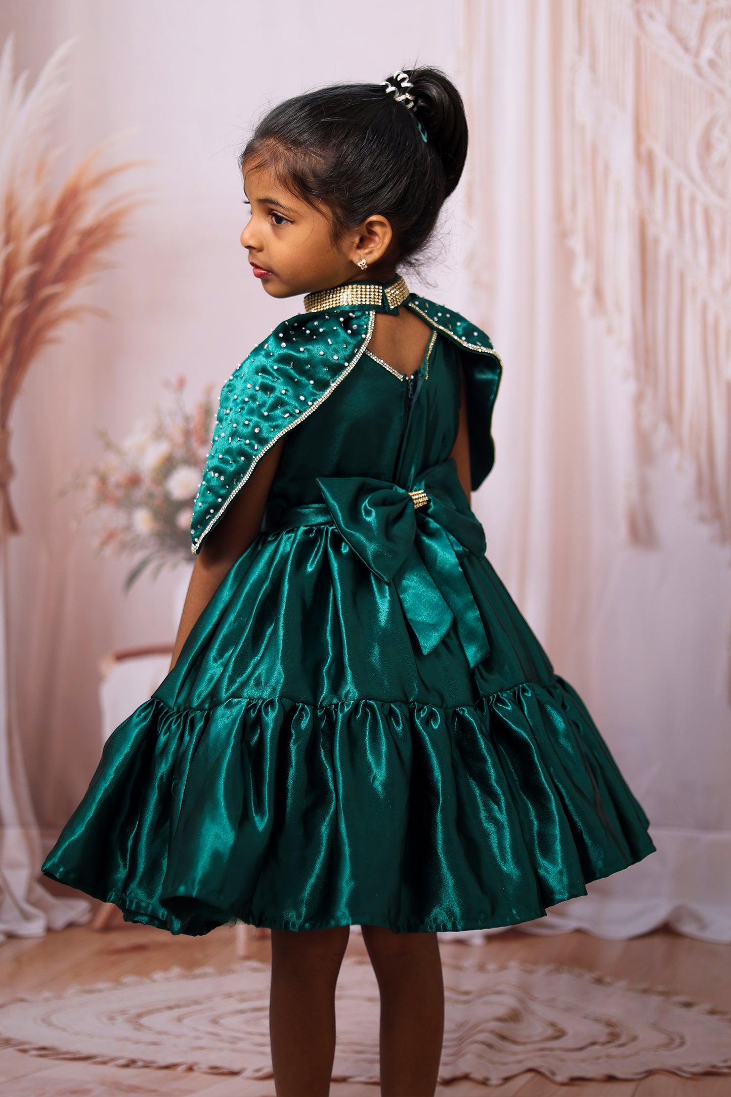 Emerald Green Satin Tiered Gown – Royal Glamour with a Magical Cape