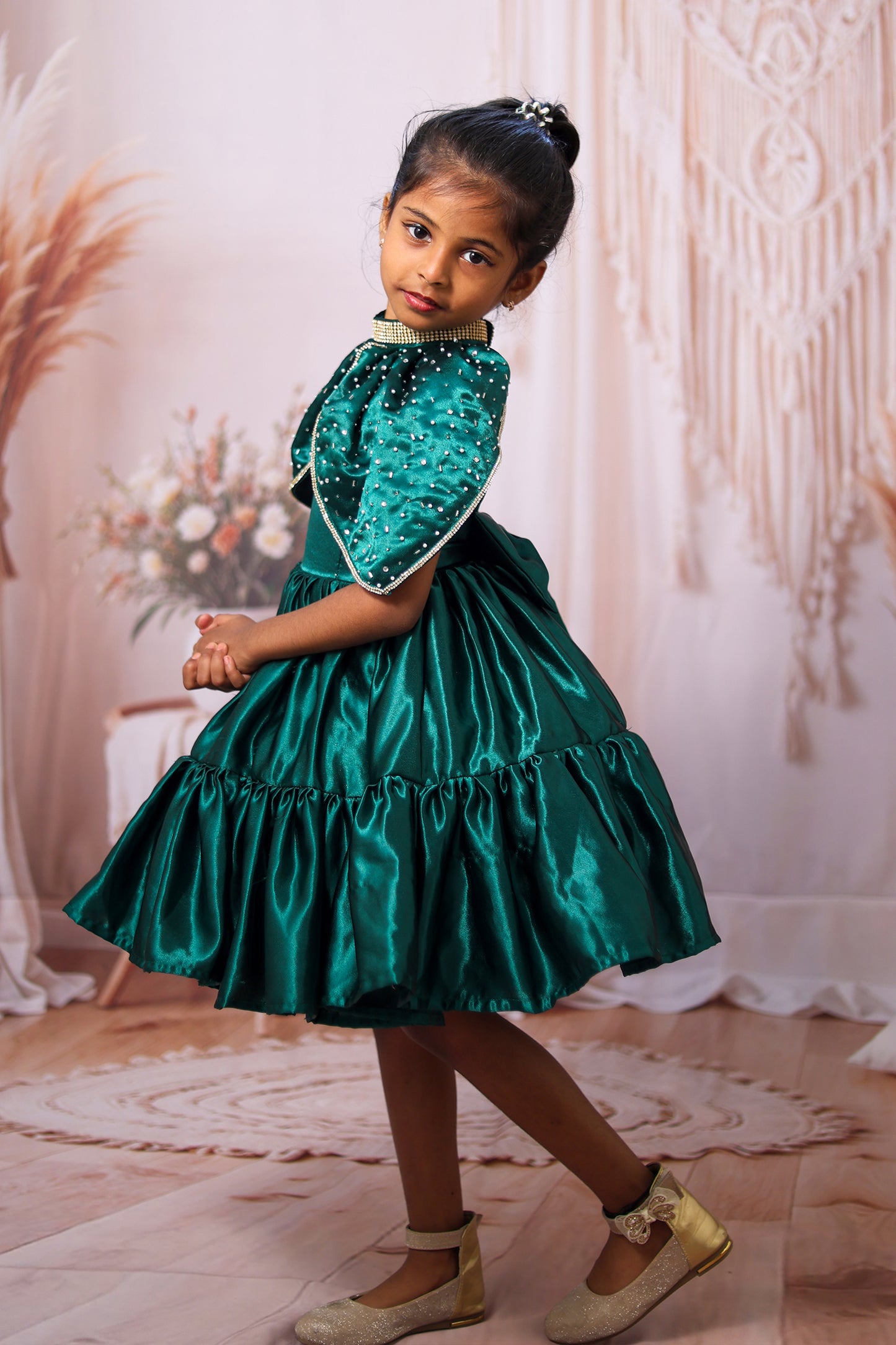 Emerald Green Satin Tiered Gown – Royal Glamour with a Magical Cape