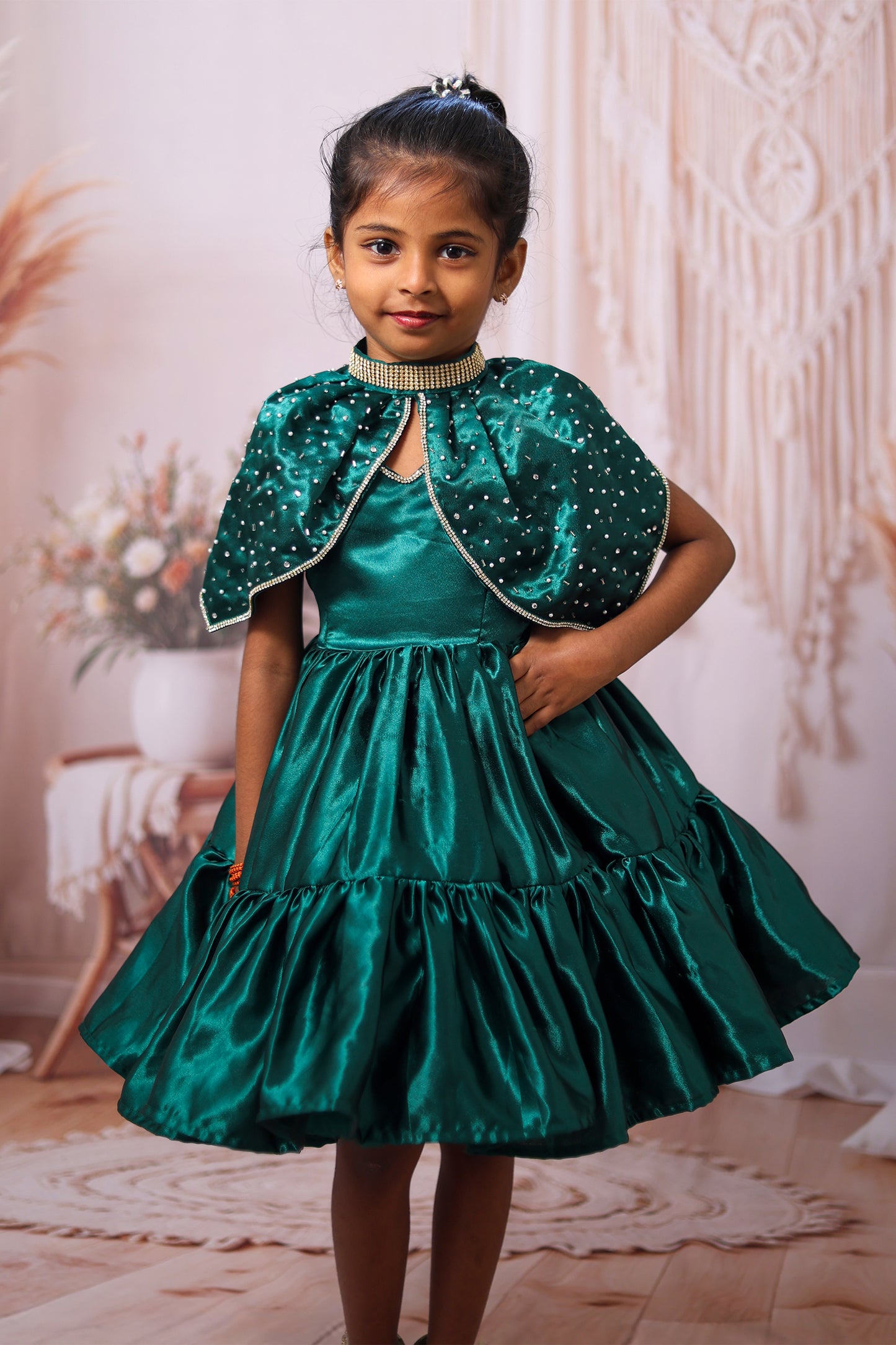 Emerald Green Satin Tiered Gown – Royal Glamour with a Magical Cape
