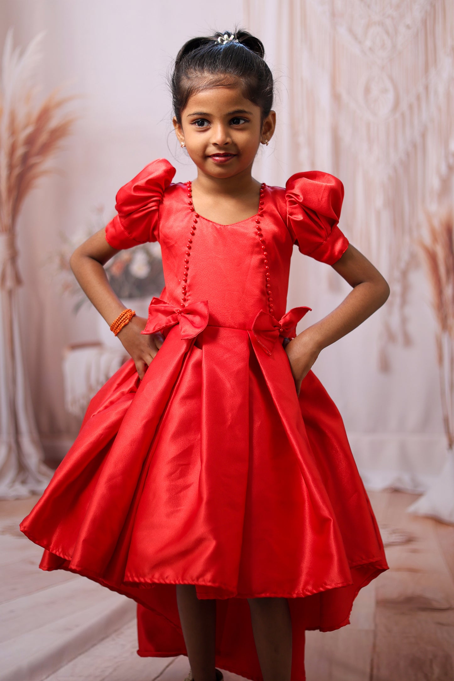 High-Low Satin Red Gown – Twirl-Worthy Elegance for Little Princesses