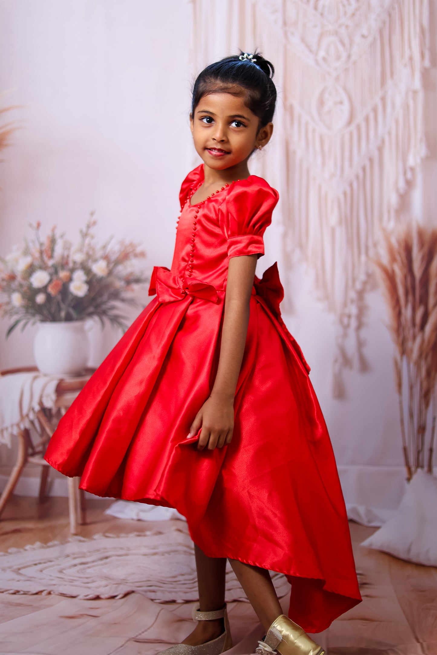 High-Low Satin Red Gown – Twirl-Worthy Elegance for Little Princesses