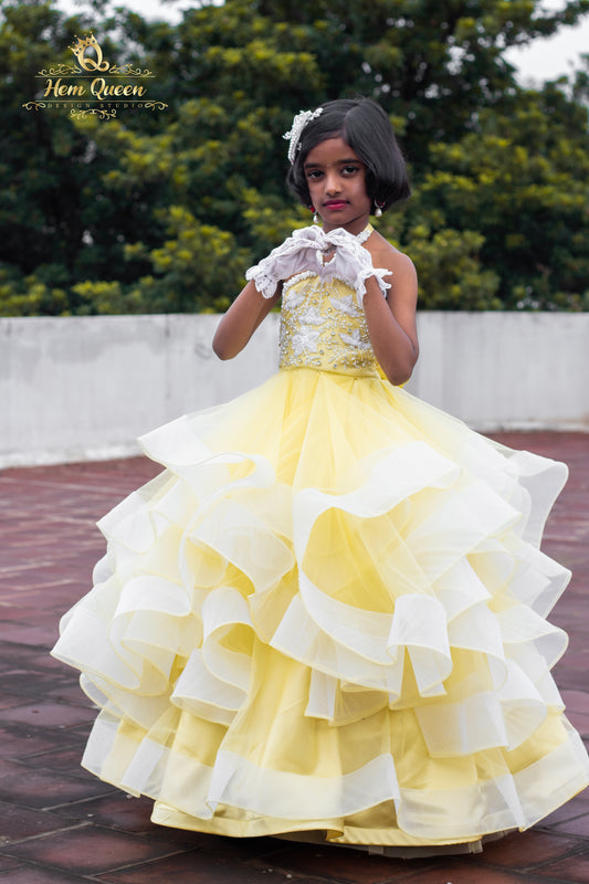Sunshine Yellow Tulle Ballgown for Girls with Pearls