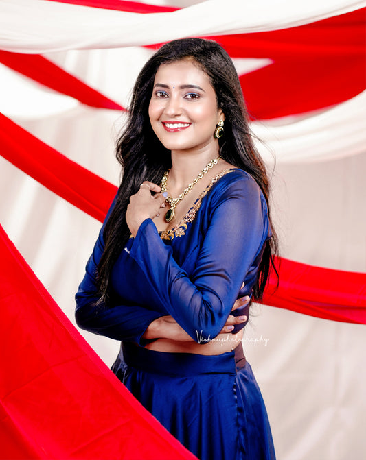 Navy Blue Embroidered Crop Top & Skirt Set - Lehenga