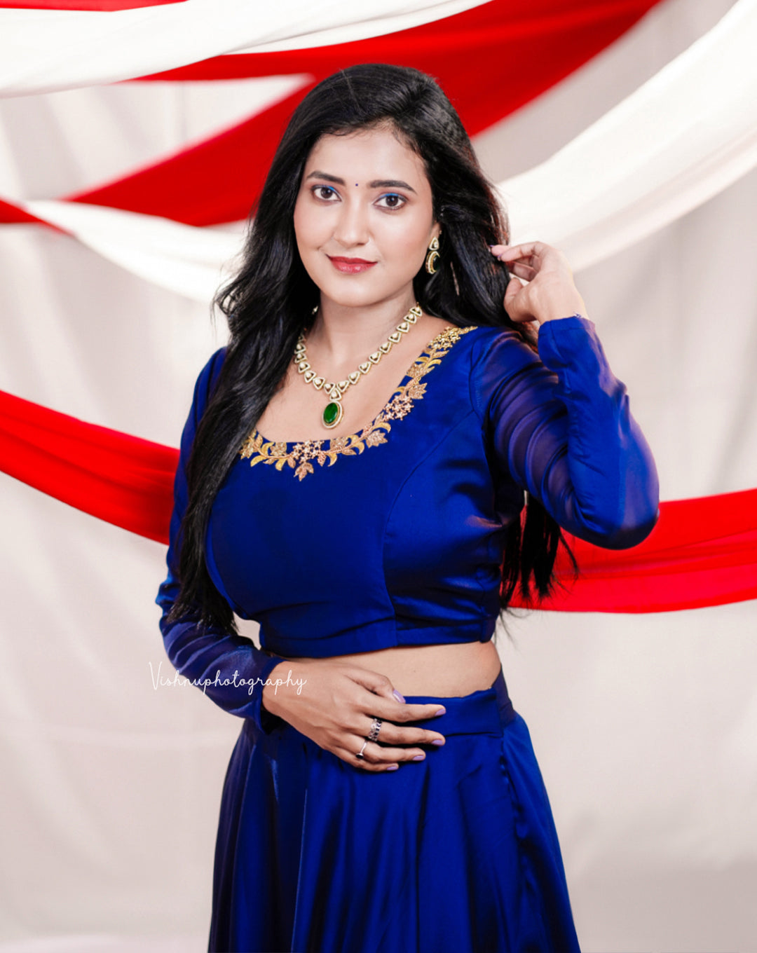 Navy Blue Embroidered Crop Top & Skirt Set - Lehenga