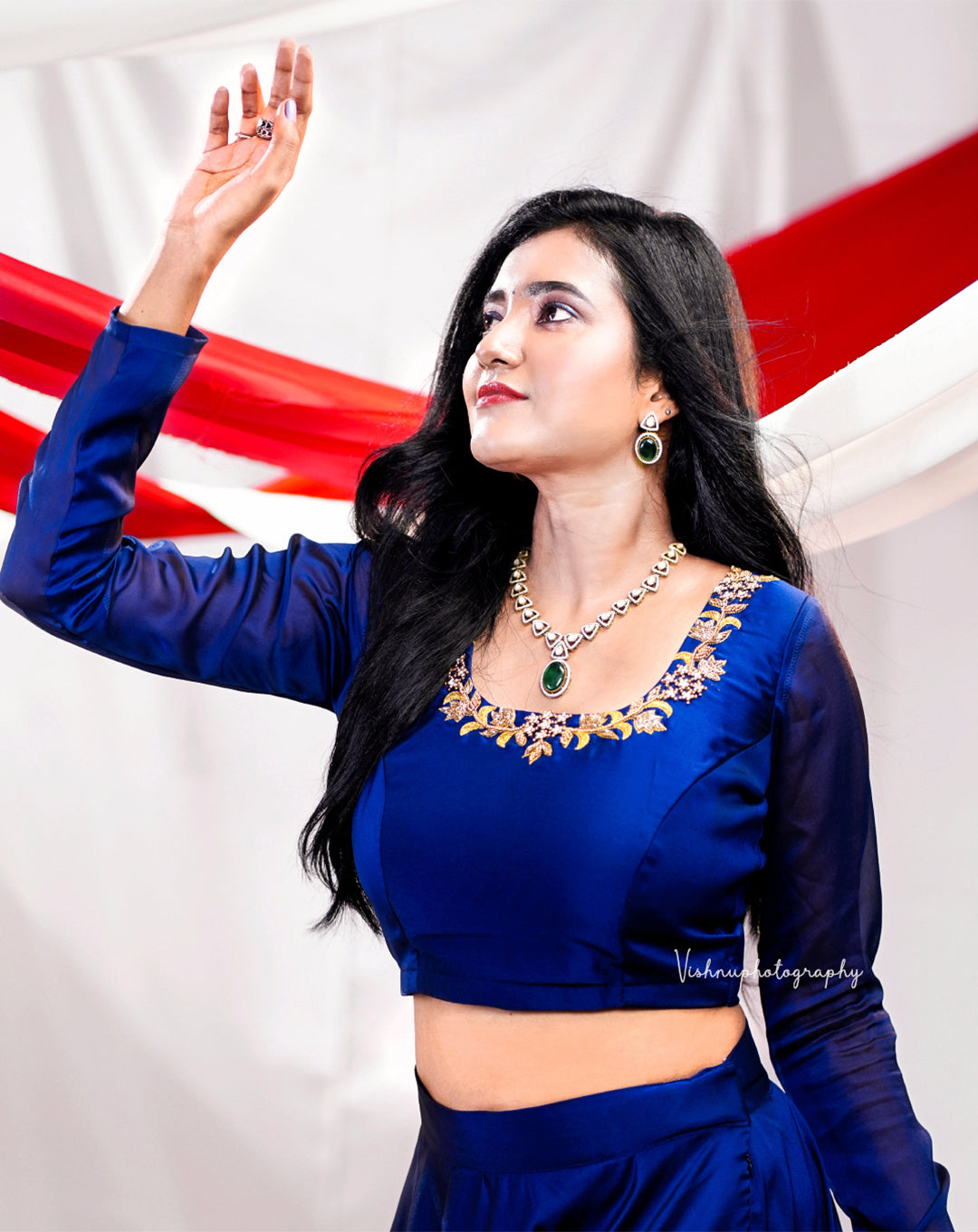 Navy Blue Embroidered Crop Top & Skirt Set - Lehenga