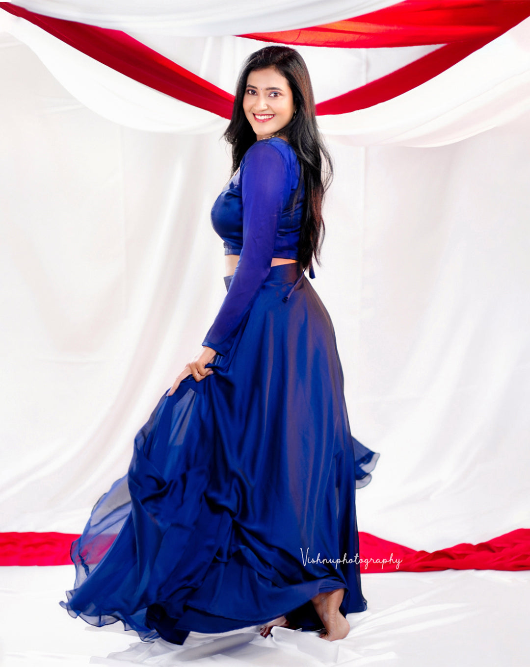 Navy Blue Embroidered Crop Top & Skirt Set - Lehenga