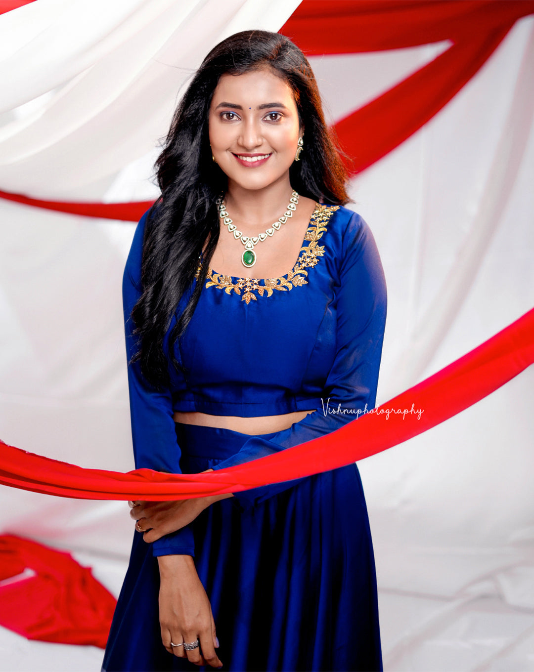 Navy Blue Embroidered Crop Top & Skirt Set - Lehenga