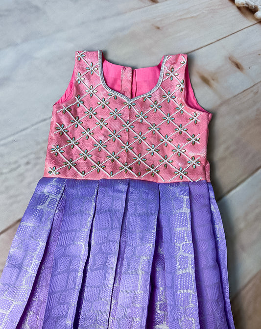 Vibrant Pink & Lavender Embellished Silk Pattu Paavadai for Kids – Hemqueen Baby Bliss