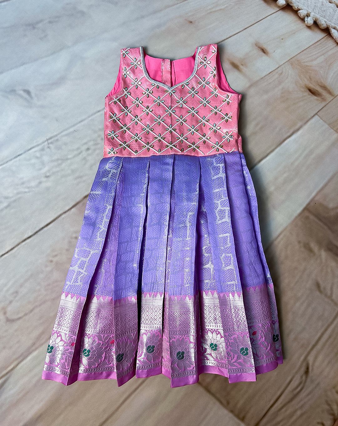 Vibrant Pink & Lavender Embellished Silk Pattu Paavadai for Kids – Hemqueen Baby Bliss