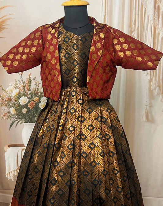 Royal Maroon & Gold Traditional Silk Pattu Paavadai with Jacket – Hemqueen Baby Bliss Collection