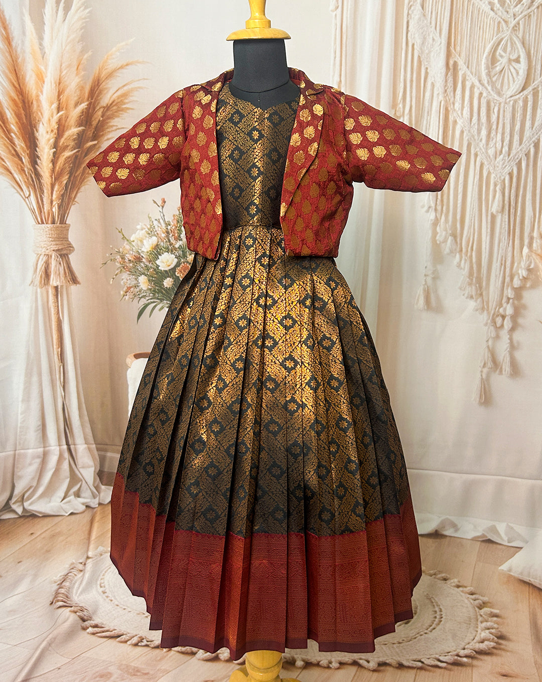 Royal Maroon & Gold Traditional Silk Pattu Paavadai with Jacket – Hemqueen Baby Bliss Collection