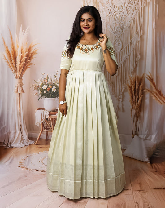 Hemqueen Elegant Pleated Maxi with Floral Embroidery - Ivory
