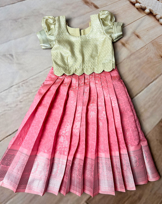 Elegant Pink & Gold Traditional Silk Pattu Paavadai for Kids – Hemqueen Baby Bliss