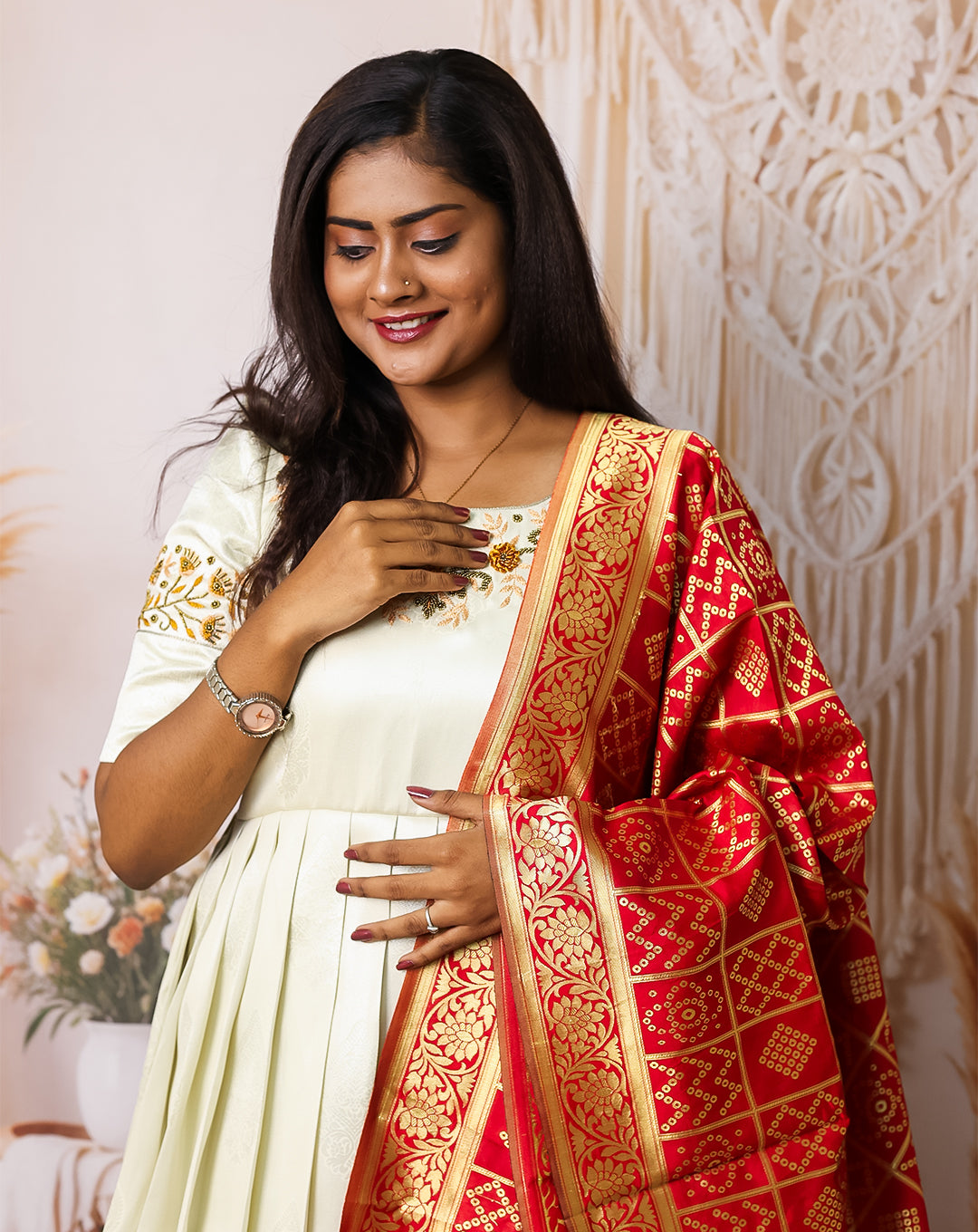 Hemqueen Elegant Pleated Maxi with Floral Embroidery - Ivory