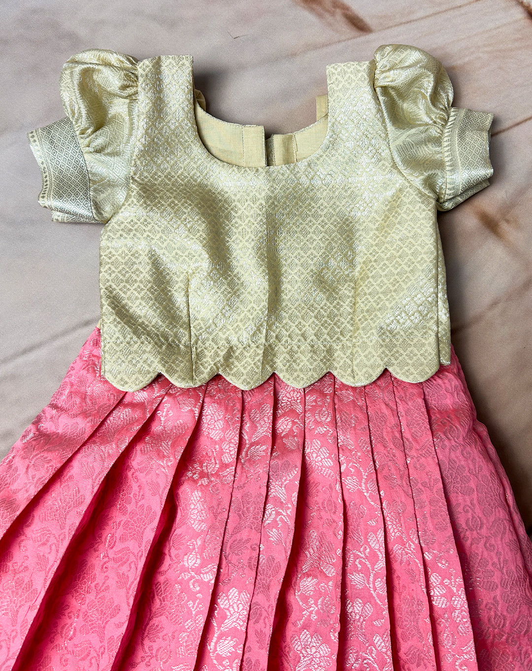 Elegant Pink & Gold Traditional Silk Pattu Paavadai for Kids – Hemqueen Baby Bliss