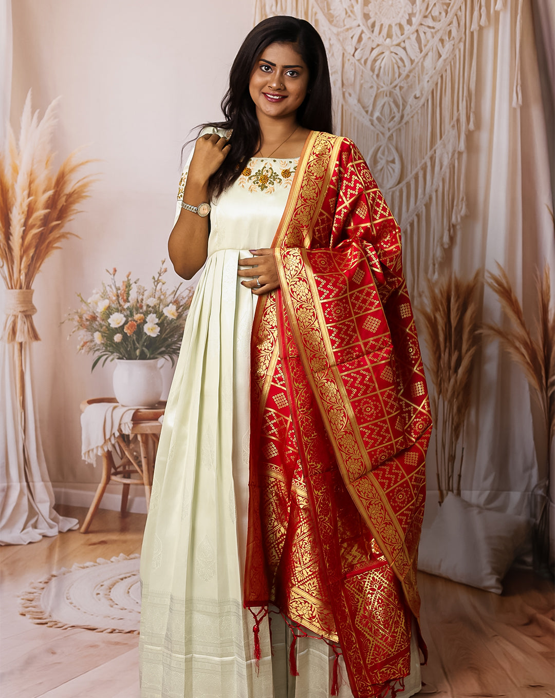 Hemqueen Elegant Pleated Maxi with Floral Embroidery - Ivory