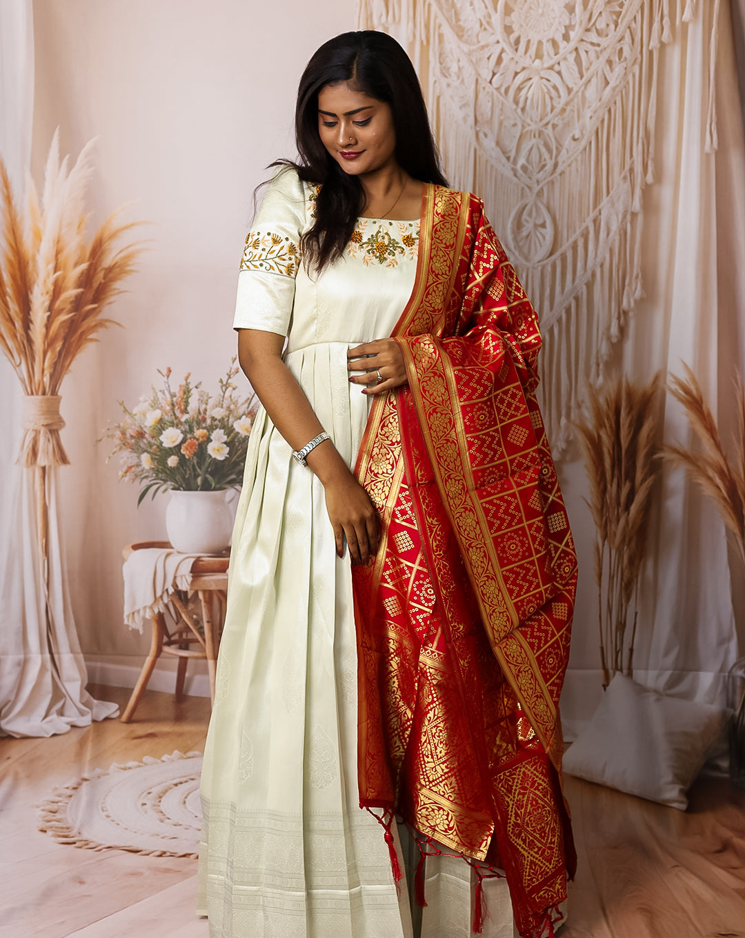 Hemqueen Elegant Pleated Maxi with Floral Embroidery - Ivory
