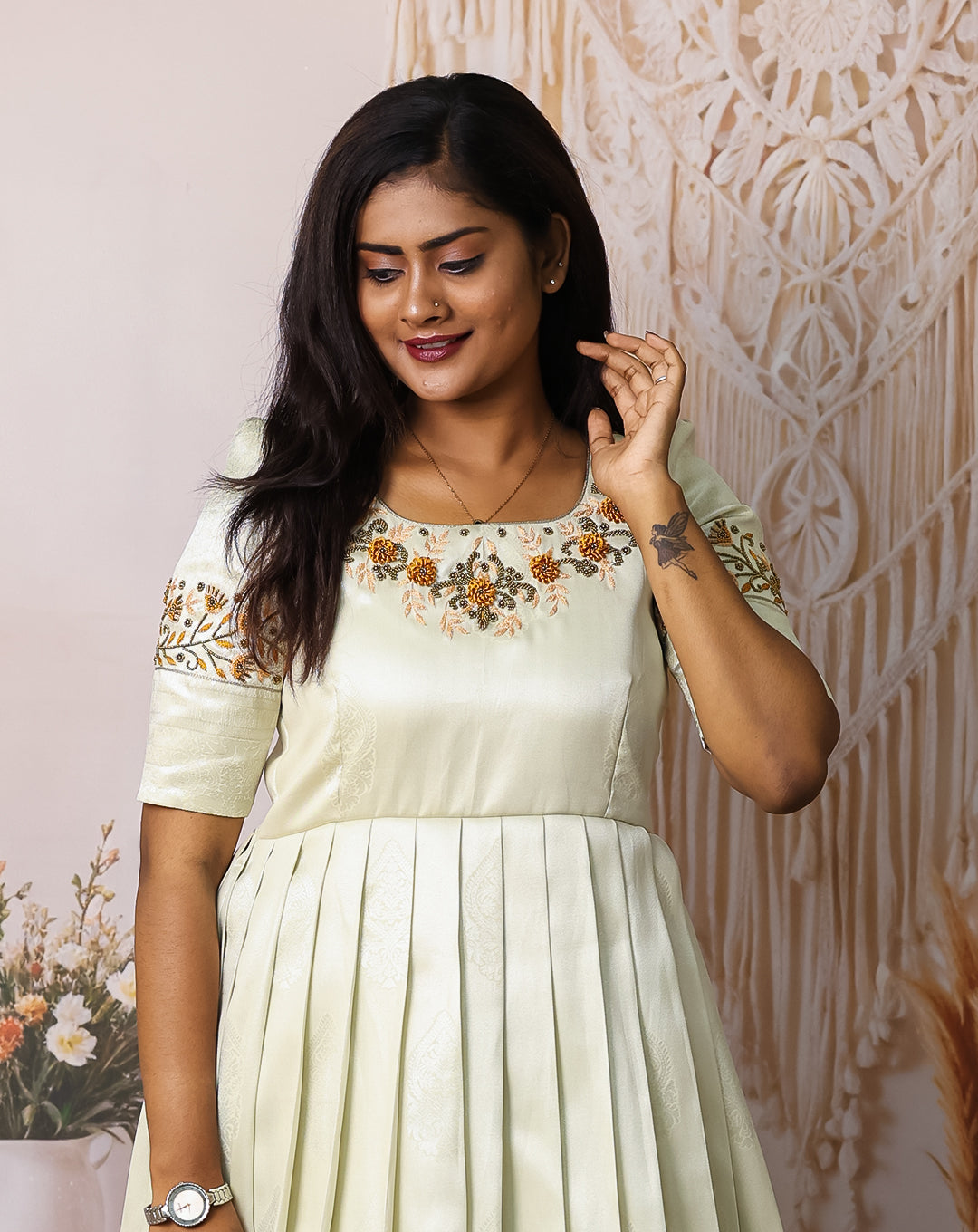 Hemqueen Elegant Pleated Maxi with Floral Embroidery - Ivory