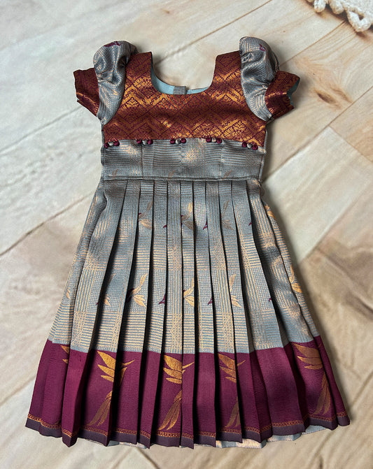 Classic Maroon & Grey Silk Pattu Paavadai for Kids – Hemqueen Baby Bliss Exclusive