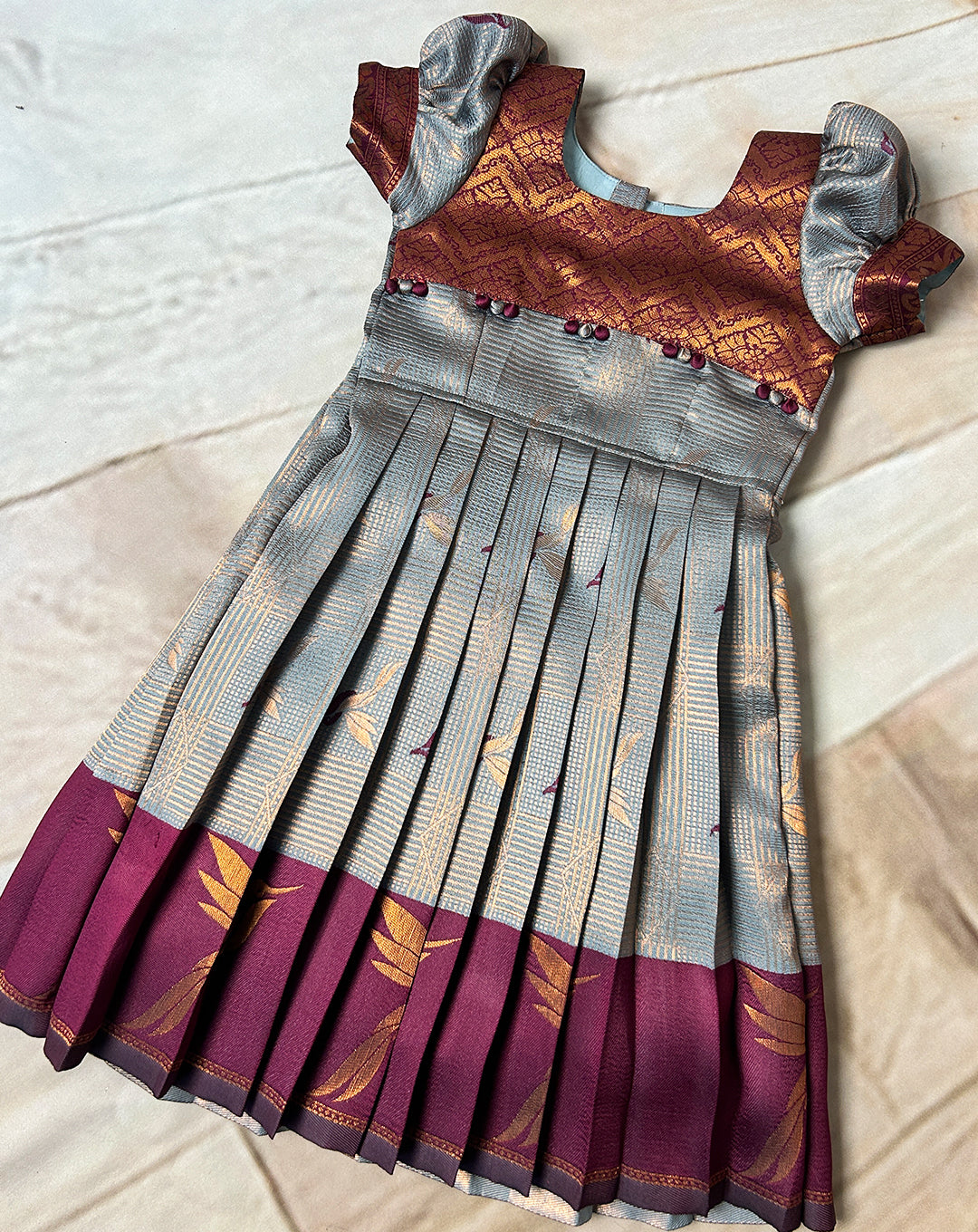 Classic Maroon & Grey Silk Pattu Paavadai for Kids – Hemqueen Baby Bliss Exclusive