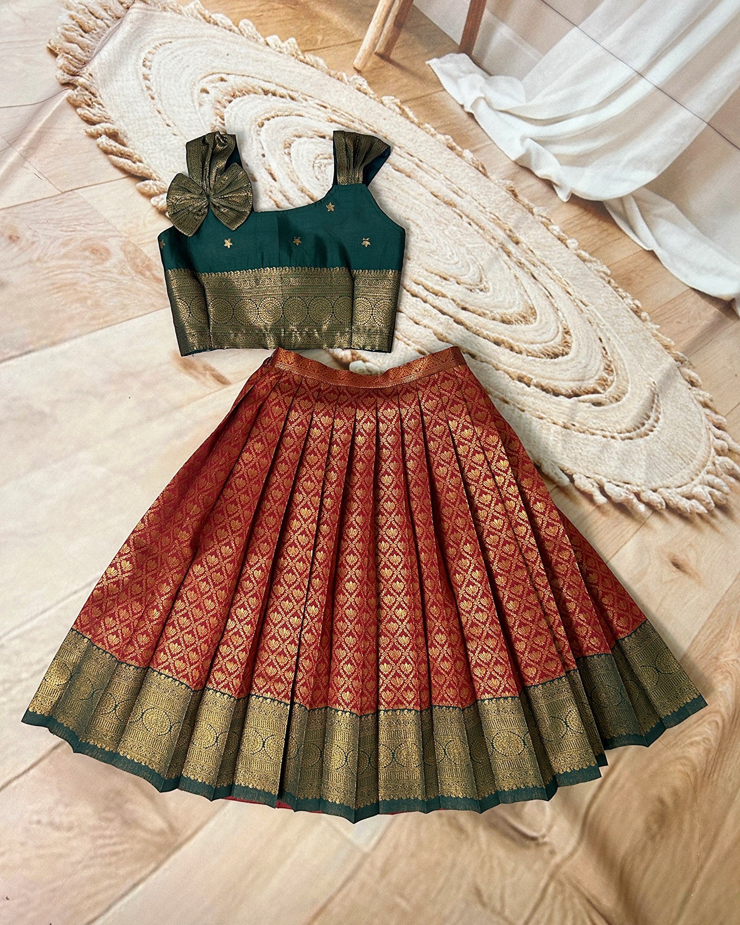 Regal Red & Green Traditional Designer Pattu Paavadai for Kids – Hemqueen Baby Bliss Collection