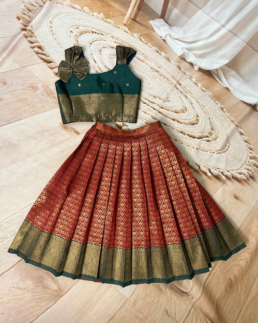 Regal Red & Green Traditional Designer Pattu Paavadai for Kids – Hemqueen Baby Bliss Collection
