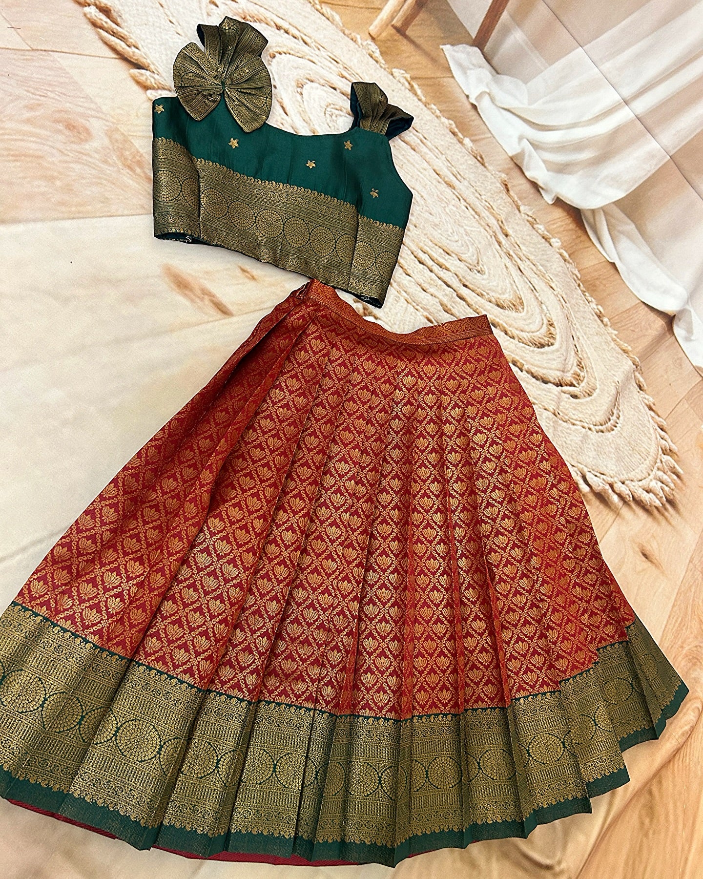 Regal Red & Green Traditional Designer Pattu Paavadai for Kids – Hemqueen Baby Bliss Collection