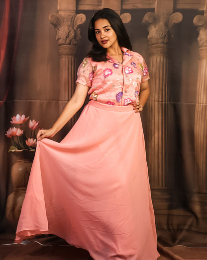 Peachy Pink Floral Printed Shirt & Skirt - Sheer Spring Elegance