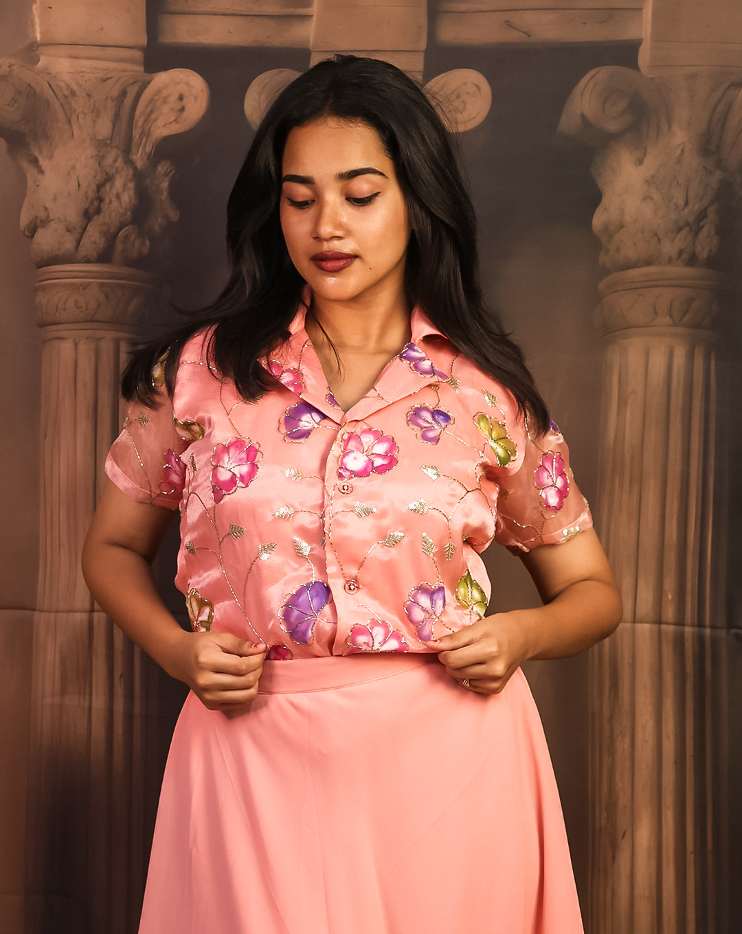 Peachy Pink Floral Printed Shirt & Skirt - Sheer Spring Elegance