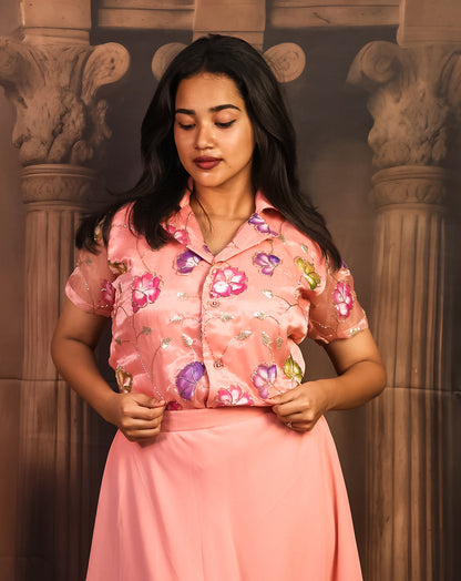 Peachy Pink Floral Printed Shirt & Skirt - Sheer Spring Elegance