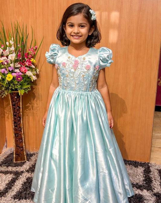 Satin Waist Yoke Gown - Turquoise Floral Embroidery & Puffed Sleeves